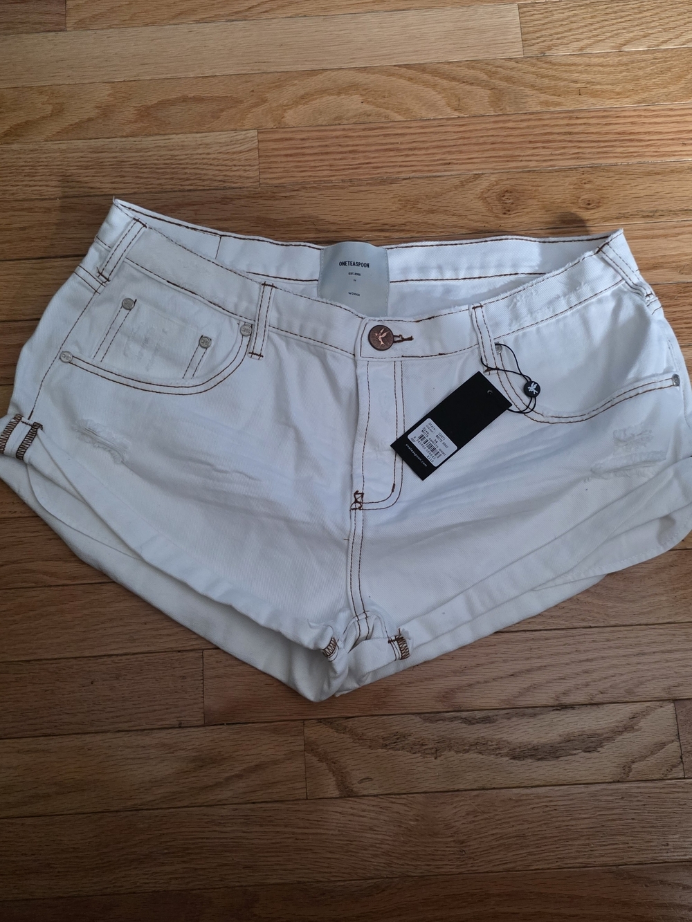 One Teaspoon White Denim Shorts with Brown Contrast Stitching